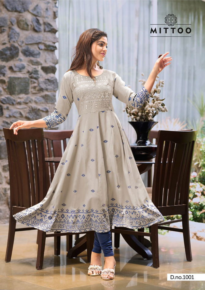 Alisha By Mittoo Rayon Printed Frock Style Designer Kurtis Wholesale 
